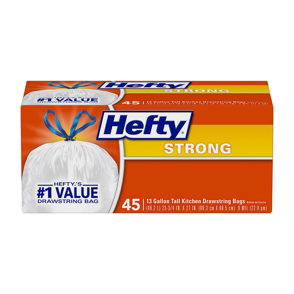 Hefty Tall Kitchen Drawstring Bags, Strong 13 Gallon, 45 Ea